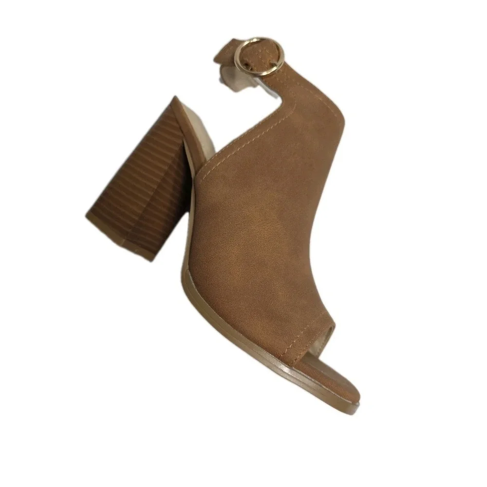 Coutgo Tan Peep Toe Block Heel Sandals Size 6 Faux Suede 3.5